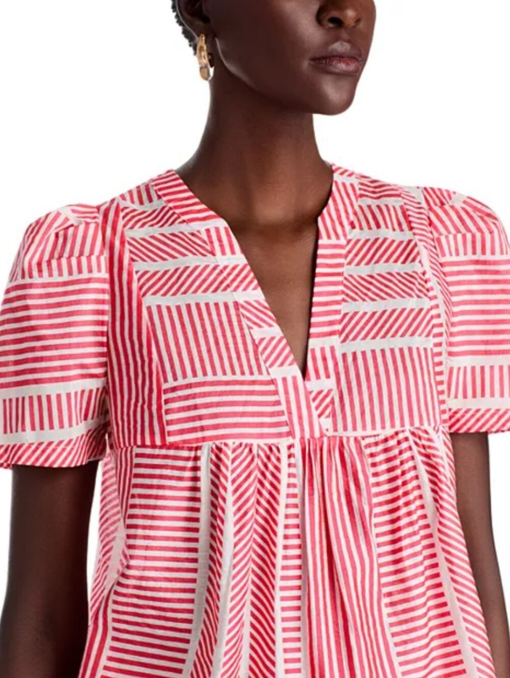Aqua Preppy Coral White Striped V-Neck Puff Sleeve Babydoll Blouse, Size XS